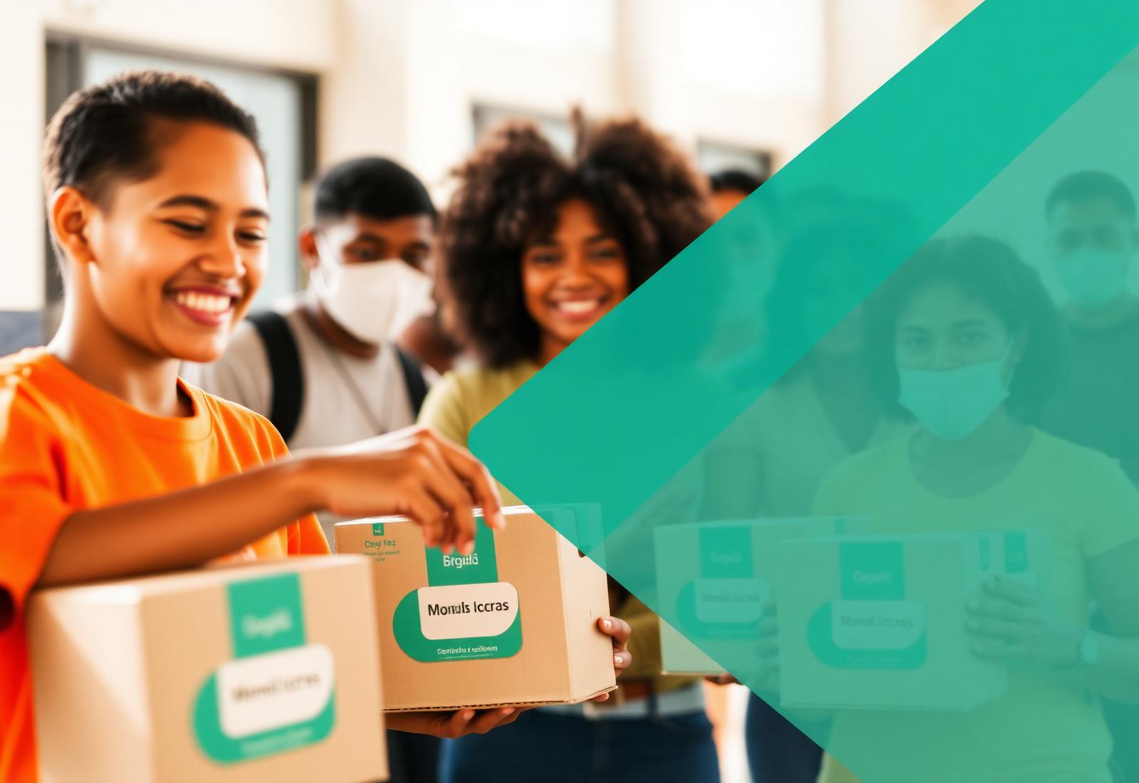 Voluntários de uma ONG recebendo caixas de doação de um e-commerce